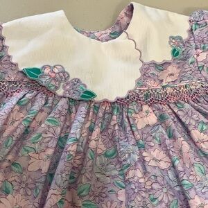 Vintage Petit Ami Smocked Floral Appliqué Romper Size 6 Months Purple Pink White